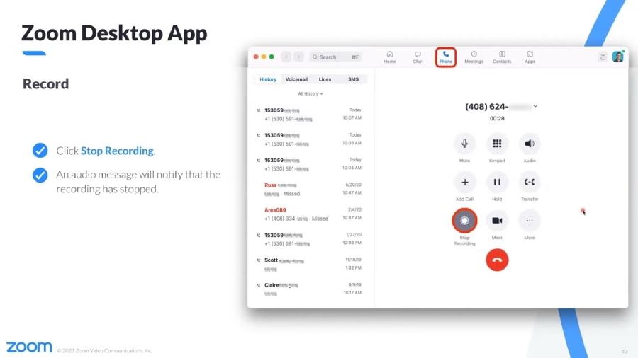 Instructions to stop a phone recording in the Zoom desktop app.