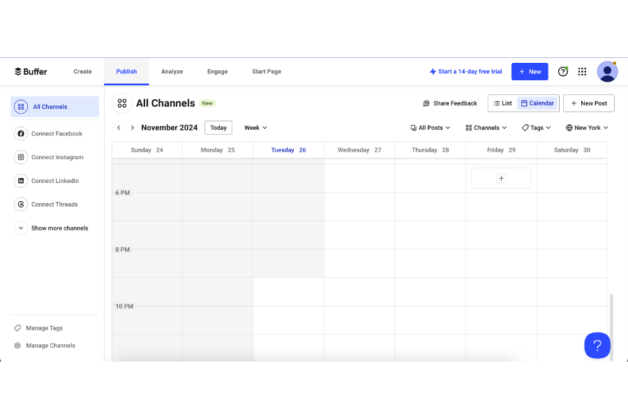 The social media content calendar in Buffer's platform.