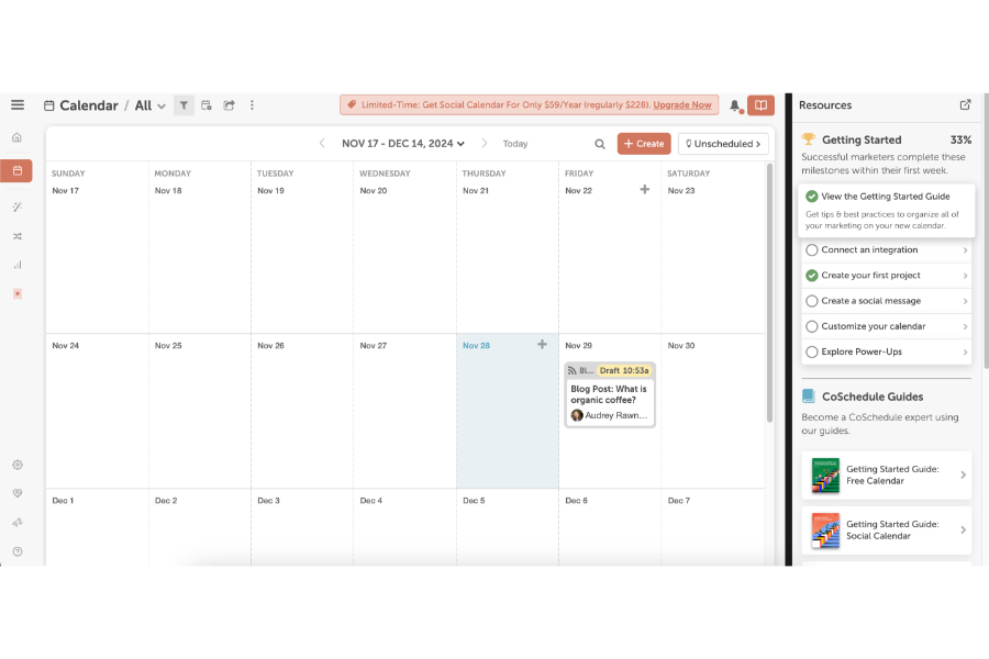 CoSchedule's social media content calendar with a sample post.