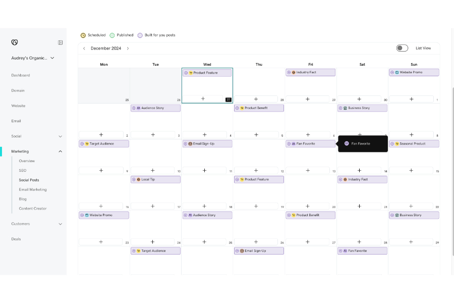 The social media content calendar inside the GoDaddy platform.