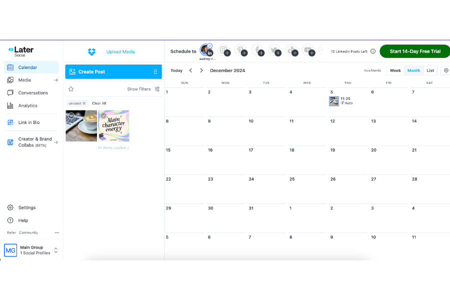 Later Social's content calendar with a sample scheduled social media post.