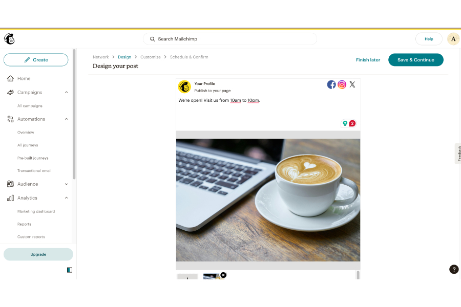 A sample social media post being drafted using MailChimp's social media tools.