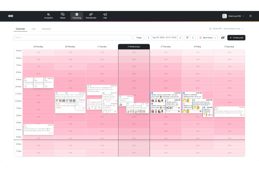 The content calendar in Metricool's platform.