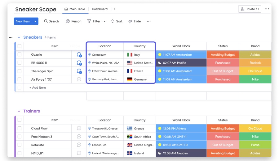 Map view of monday.com dashboard highlighting the location and country columns.