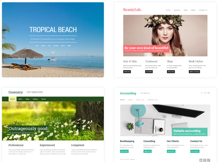 A sampling of Mozello themes with four different templates: a tropical resort site template, a beauty products company, a lawncare company, and an accounting firm.