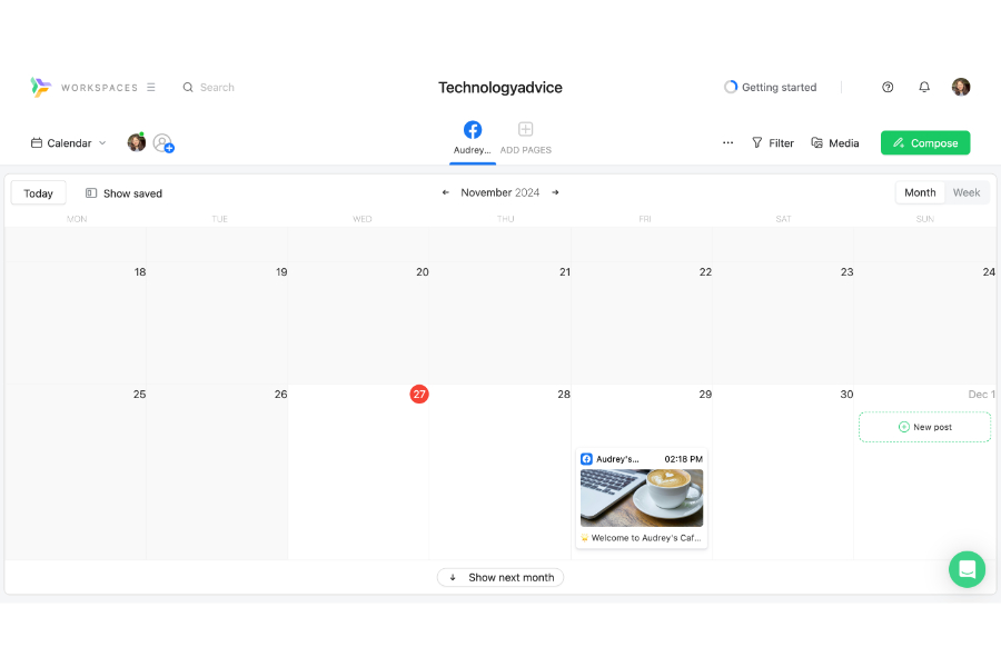 Planable's social media content calendar with a sample scheduled post.