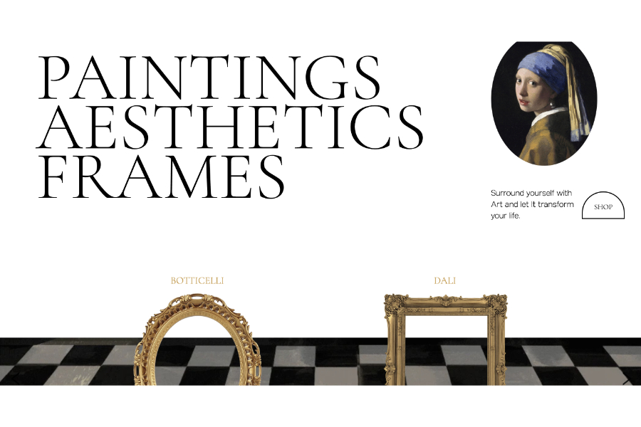 Sample website template from Ucraft. The headline reads "Paintings, aesthetics, frames."