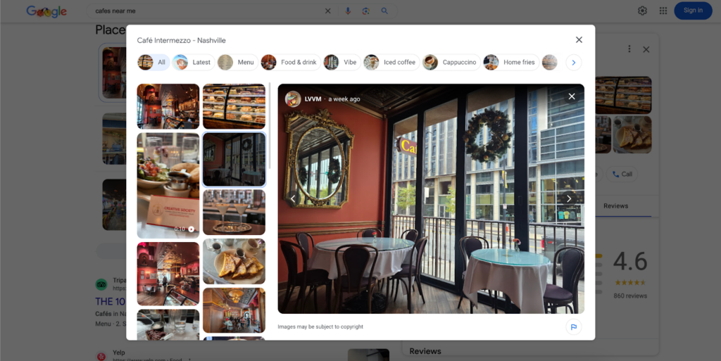 Images of a cafe taken by customers displayed on its Google Business Profile.