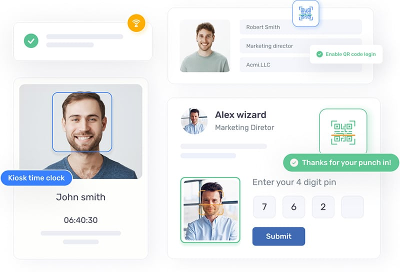 Buddy Punch clock-in options via QR code, PIN, and facial recognition