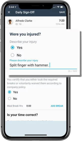 busybusy mobile app with the shift sign off tool for reporting injuries