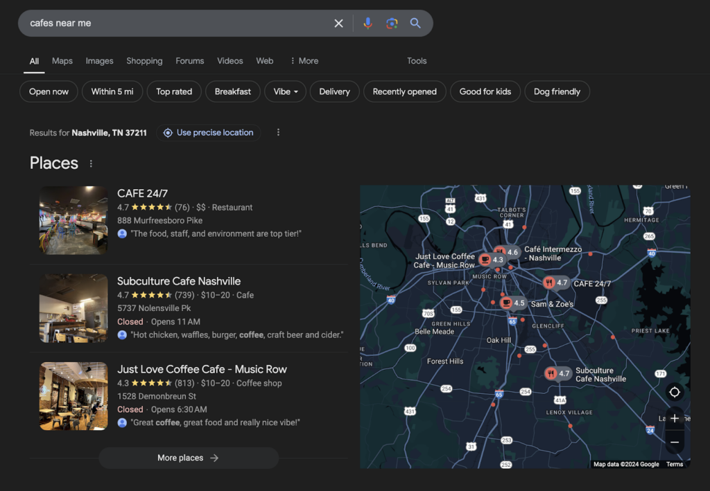 Various Google Business Profiles of cafes in Nashville appearing on Google for the search term "cafes near me".