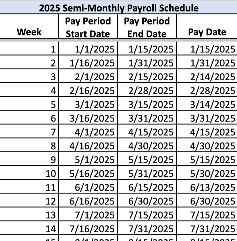 2025 Semimonthly Pay Period Chart