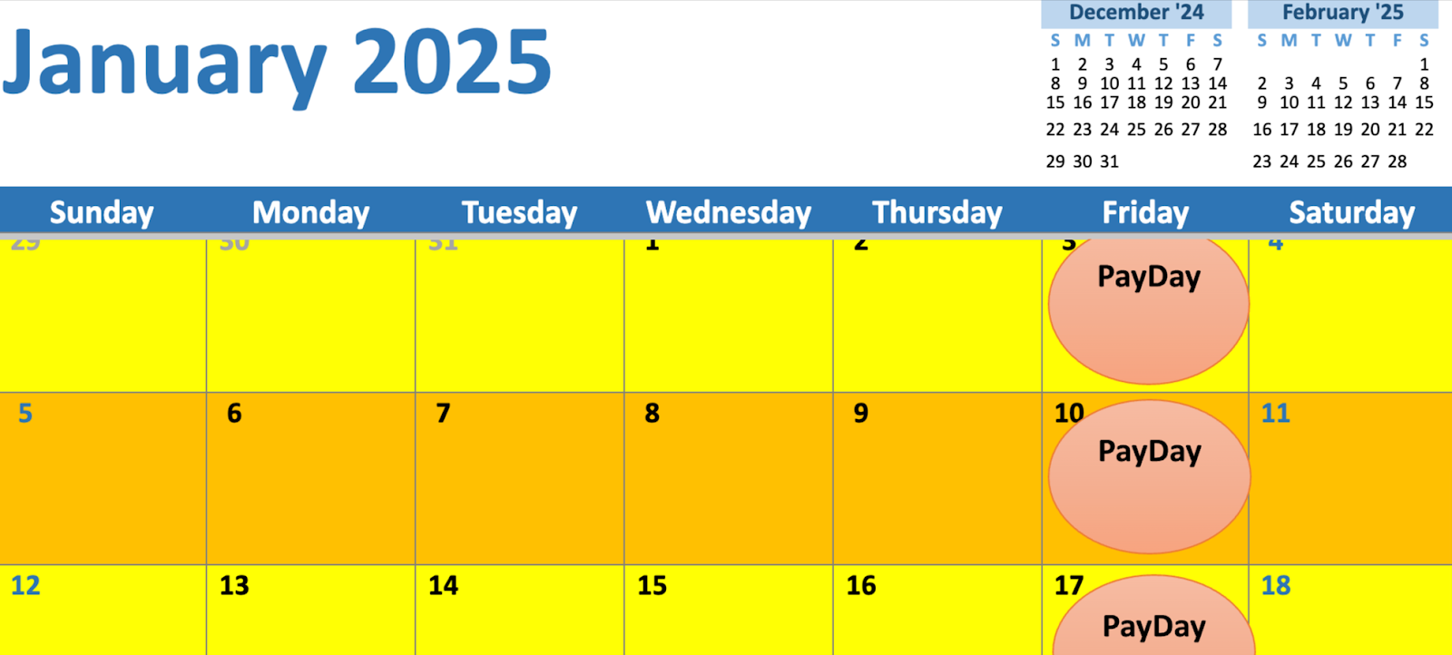 2025 weekly pay period calendar