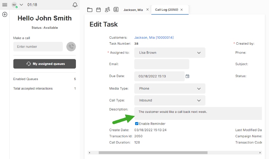 8x8 agent dashboard featuring customer call notes.