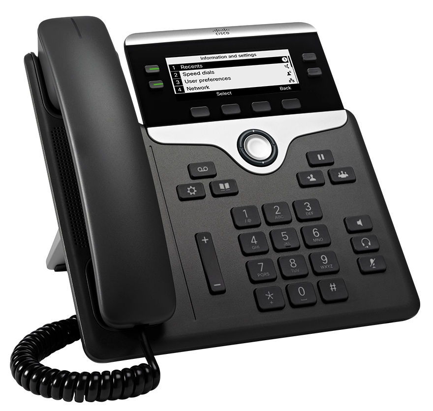 The Cisco 7841 features it s monochrome display and dial pad keys.