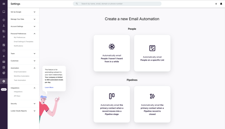 Copper CRM's settings page showing the user interface to create a new pipeline email automation.