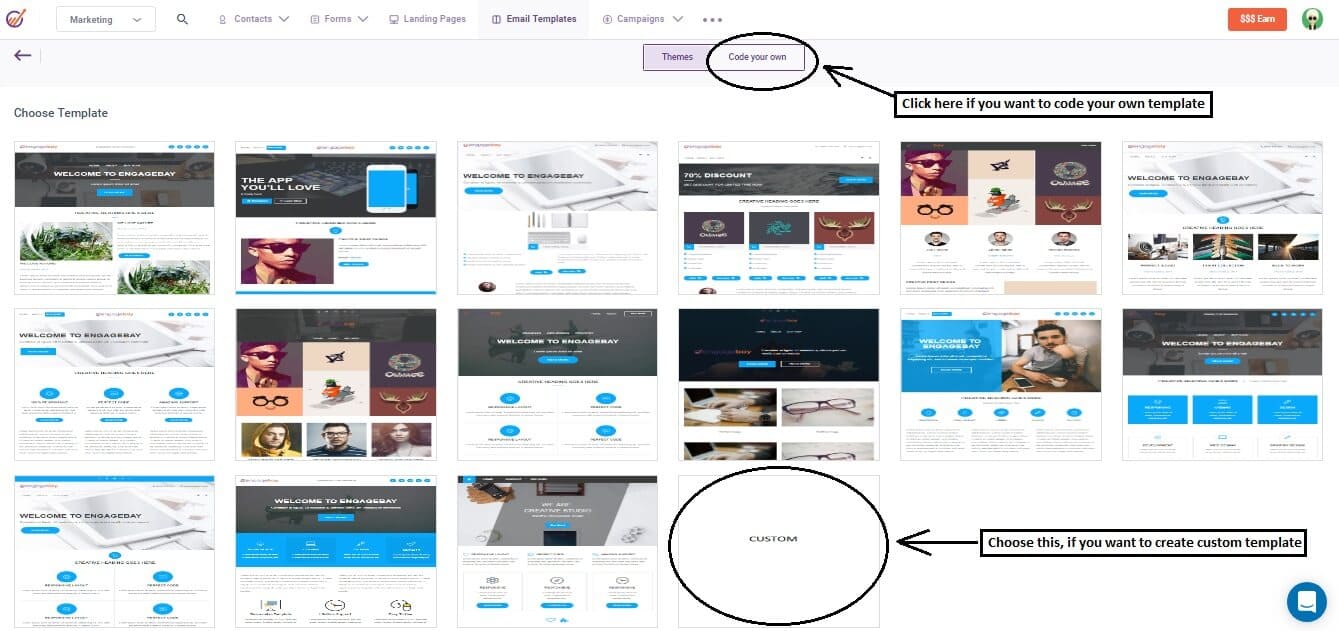 EngageBay's marketing platform showing email template creation options.