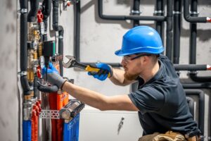 A technician checking the heating system