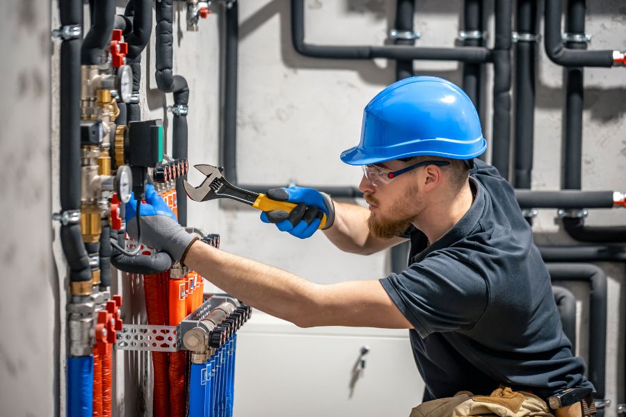 A technician checking the heating system