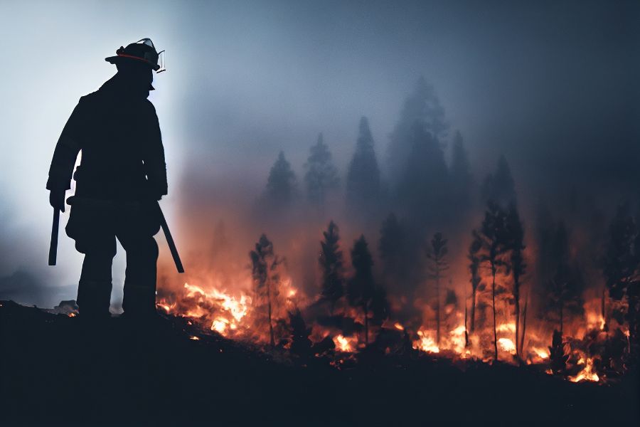 Firefighter silhouette looking at a wildfire