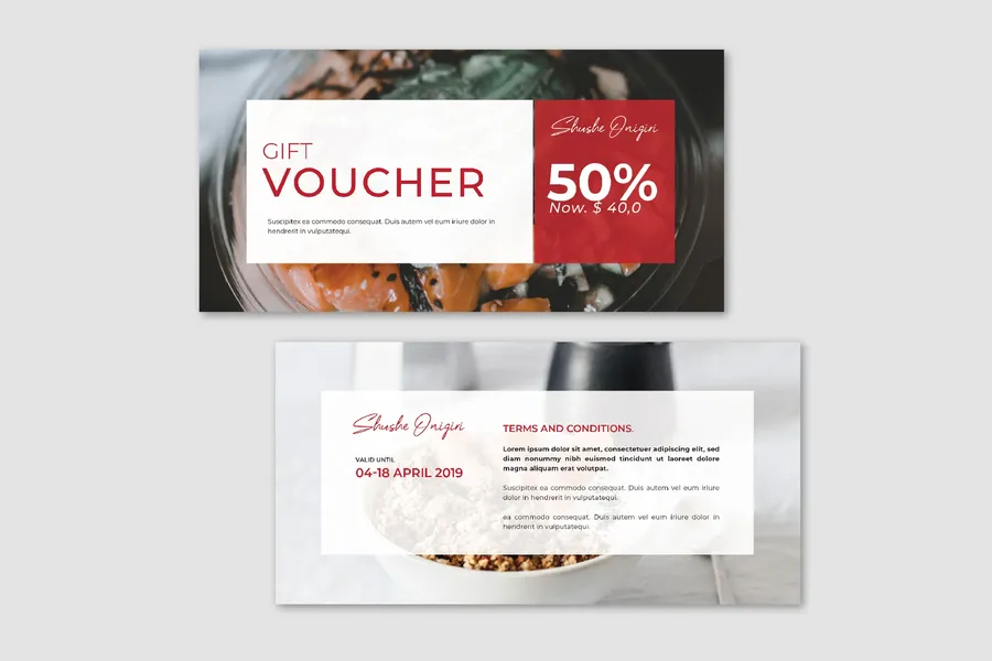 A mockup of a physical coupon for a restaurant with a 50% off discount.