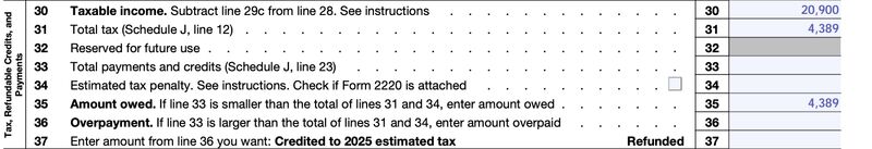 Form 1120, Page 1, Lines 30 to 37