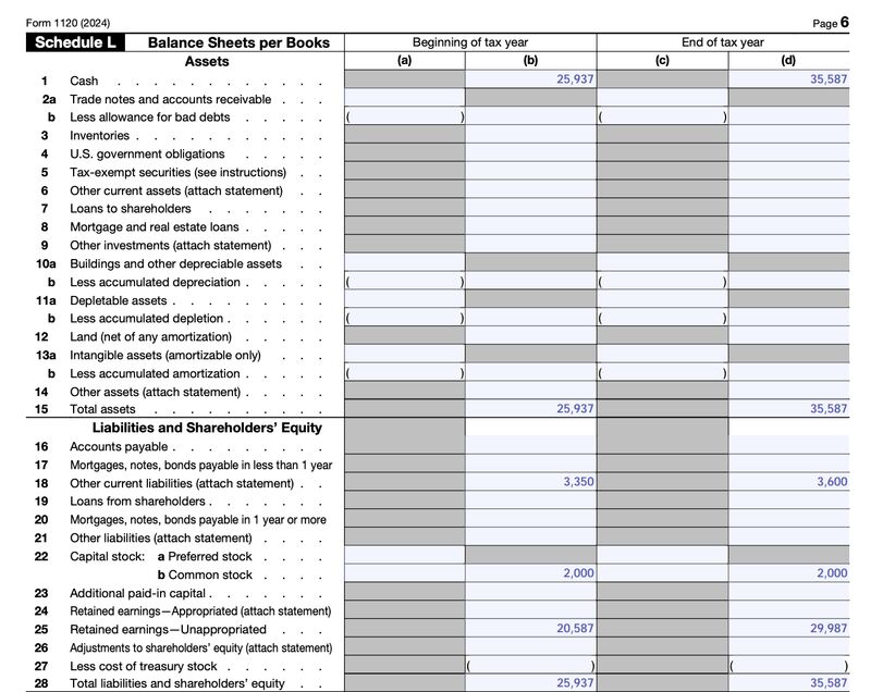 Form 1120 Schedule L Balance Sheet