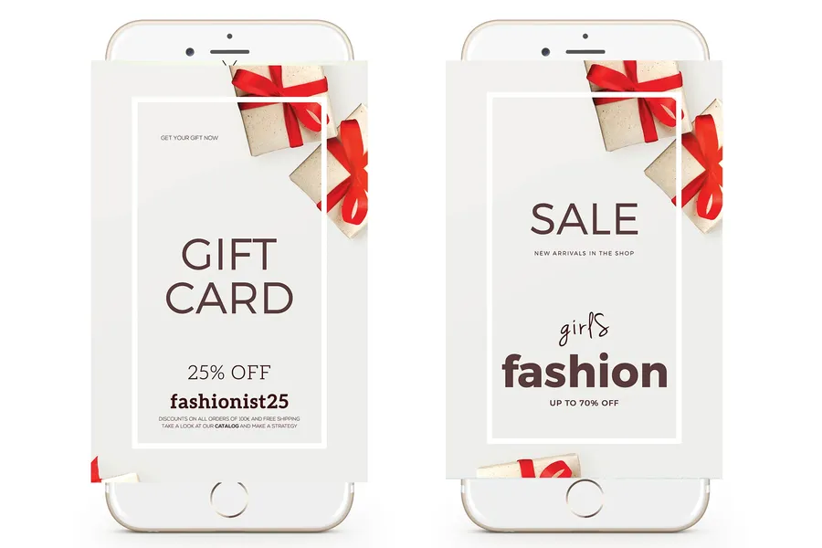 Mockups of a digital gift card coupon with a 25% off discount and a coupon code.