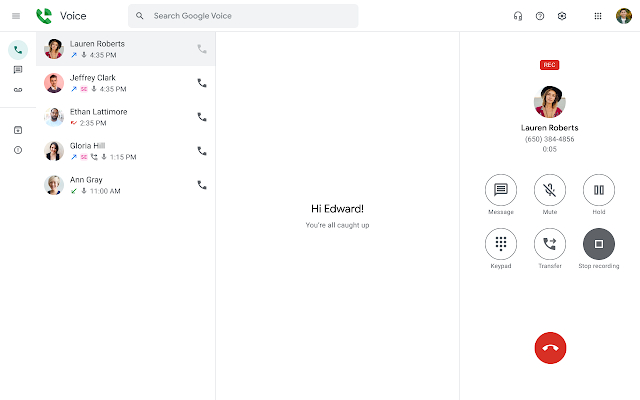 Google Voice dashboard with call log sidebar and recording feature.