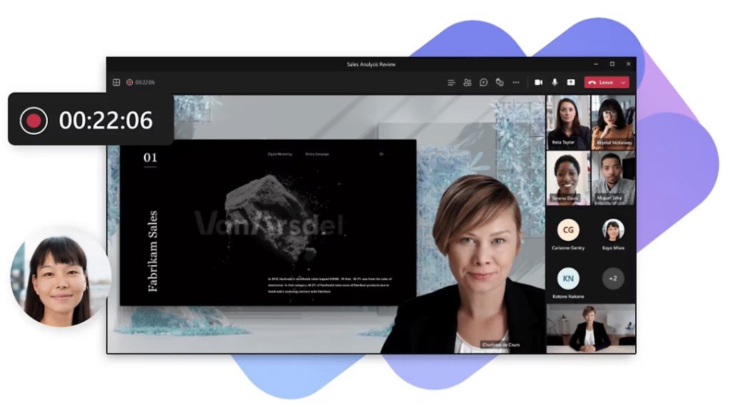 Microsoft Teams video conferencing meeting that is being recorded.