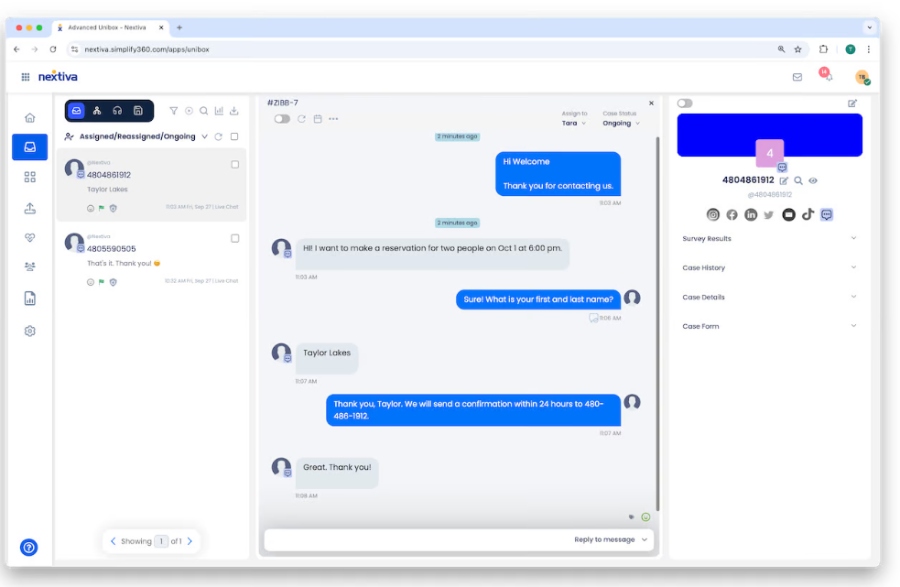 Live conversation between Nextiva chatbot and a caller in the desktop application.