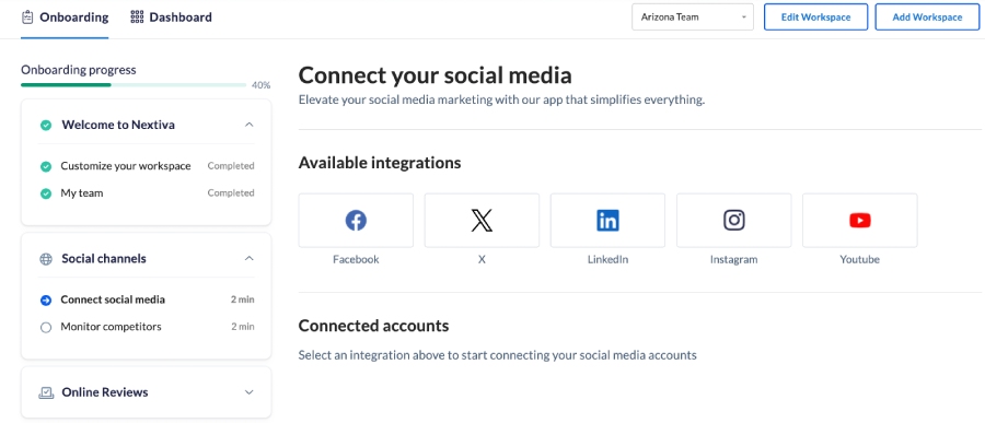 Nextiva dashboard with the onboarding process for connecting social media accounts.