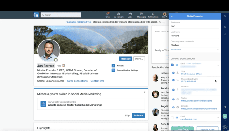Nimble Prospector capturing the contact details of a potential customer on LinkedIn.