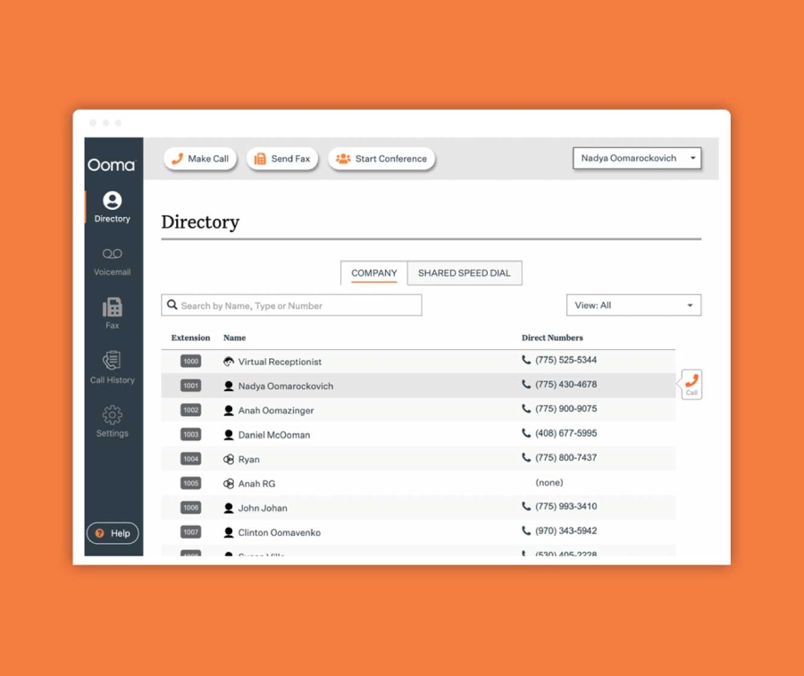Ooma company directory with list of names, extensions, and direct phone numbers.