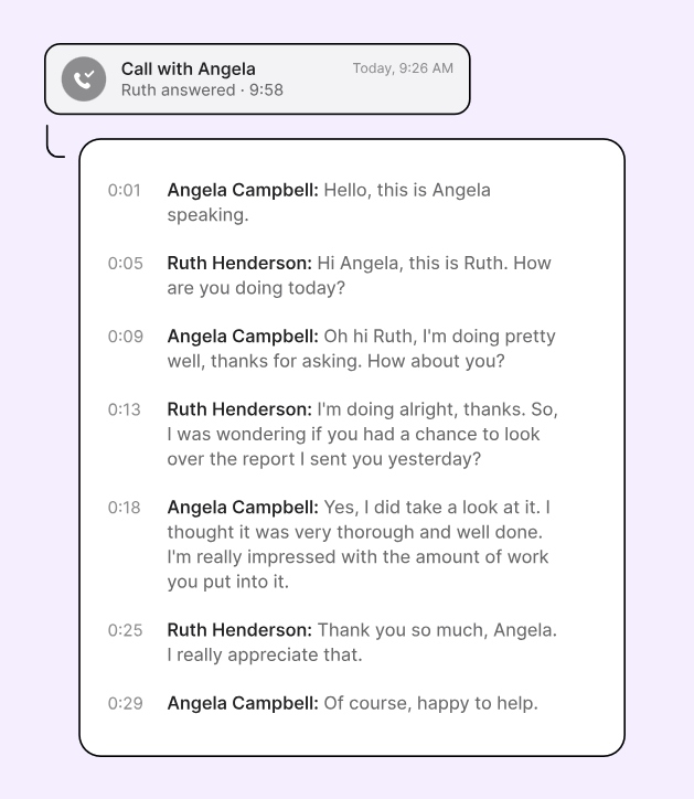 OpenPhone call transcript with caller names and time-stamps.