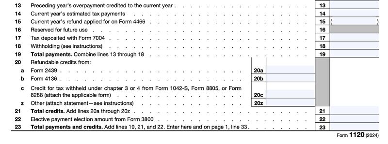 IRS Form 1120 Schedule J Part II—Payments and Refundable Credits.