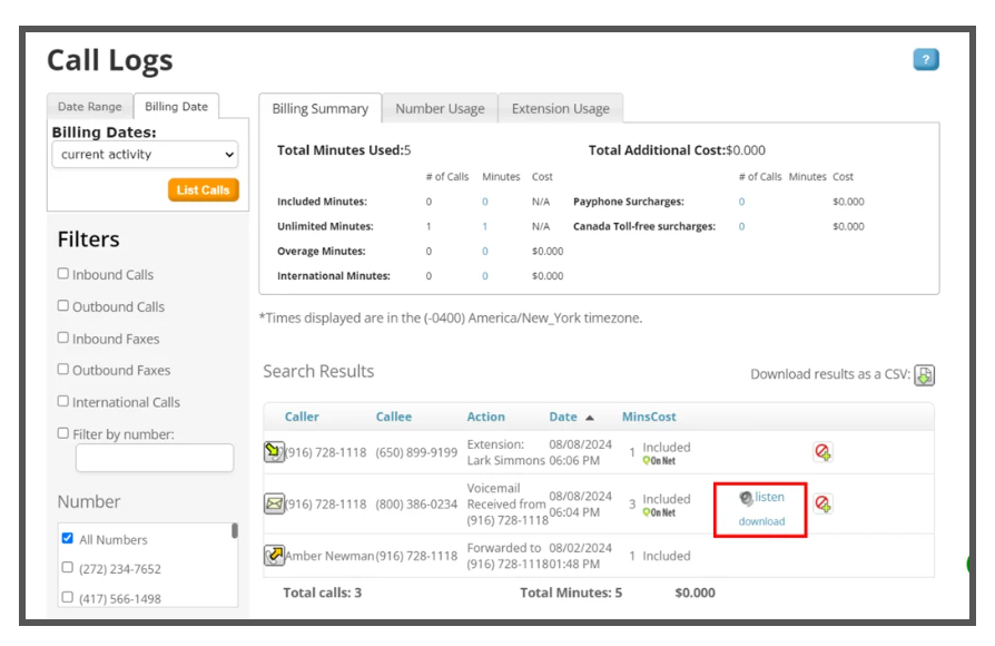 Phone.com call logs with billing summaries, dates, and caller data.