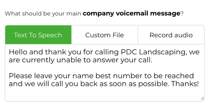 Instructions for Phone.com text-to-speech voicemail recording.