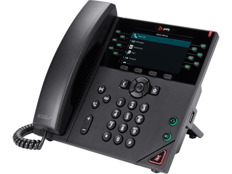 The Polycom VVX 450 featuring its 12-line keys and screen display.