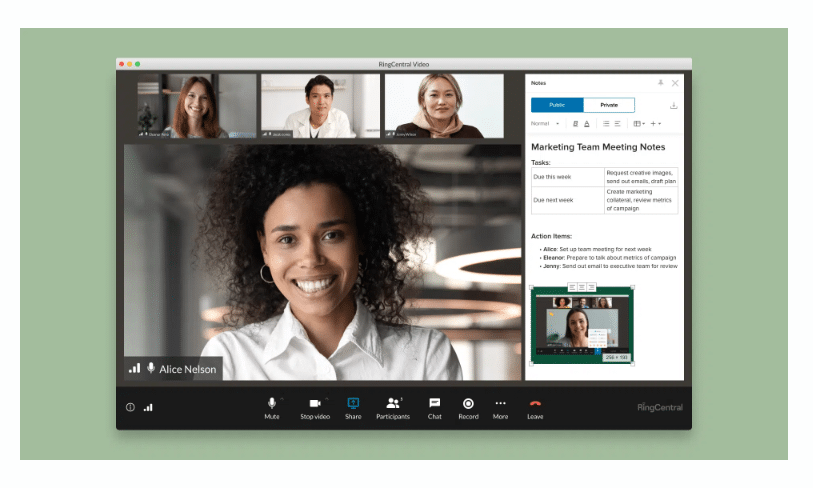 RingCentral video meeting with collaborative note-taking between team members.