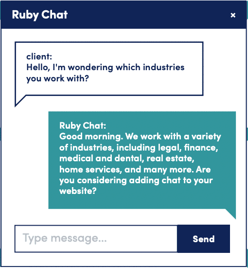 The Ruby chat box interface displaying a conversation between a client and Ruby Chat.