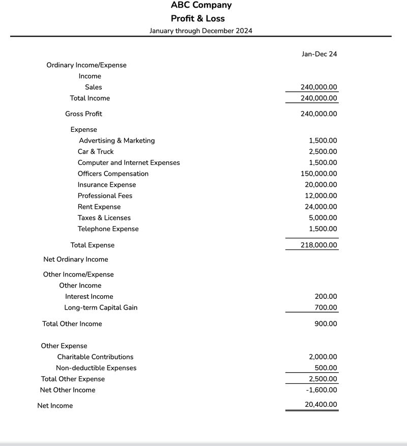 Sample Profit & Loss statement