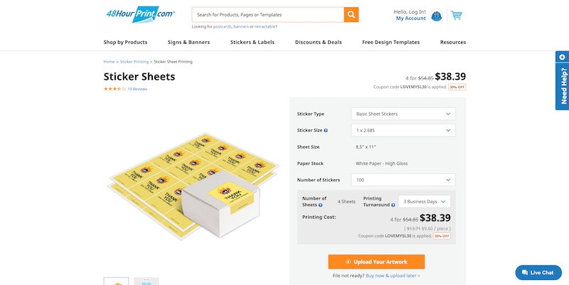 48Hour Print Custom Label Ordering page sticker sheets and the quantity and specifications tool.