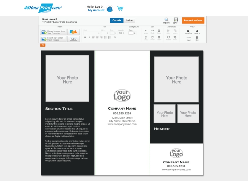 48Hour Print Design Tool showing a brochure template in the tool to be customized.