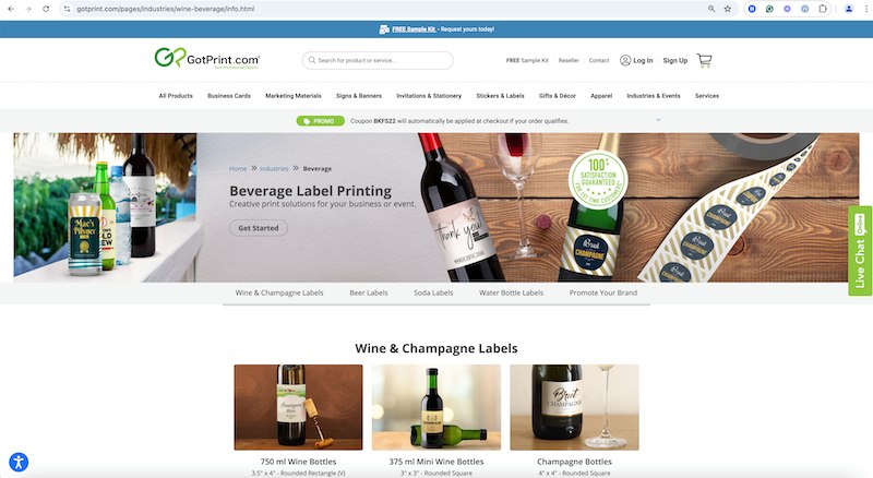 GotPrint beverage label printing section on the website depicting a lineup of products that use bottle labels and a featured image of wine labels.