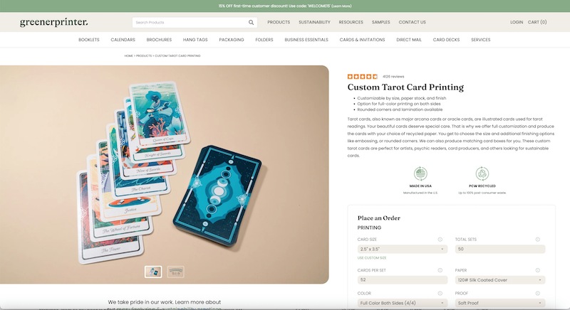 Greenerprinter’s custom tarot cards showing a spread with seven of the major arcana and an example of the backside of the card.