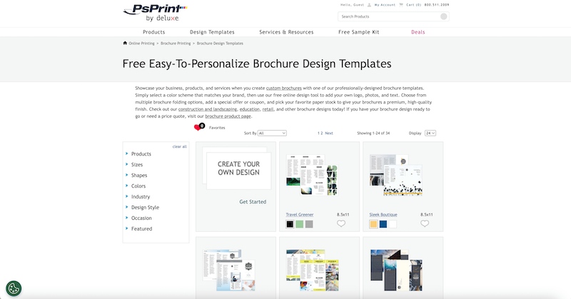 PsPrint brochure templates page with the headline “ Free, easy to personalize brochure design templates.” The page shows six tiles with brochure template examples.