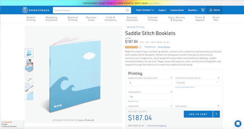 Smartpress booklet design page with saddle stitch booklet and form entry for quantities, specs, and pricing. The hero image is a saddle stitch booklet.