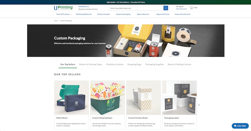 UPrinting’s custom product packaging page with a hero image showing numerous packages and a headline that reads “Custom packaging: effective and functional packaging solutions for your business.”