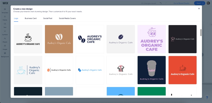 Various logo templates for a cafe business on Wix Logo Maker.
